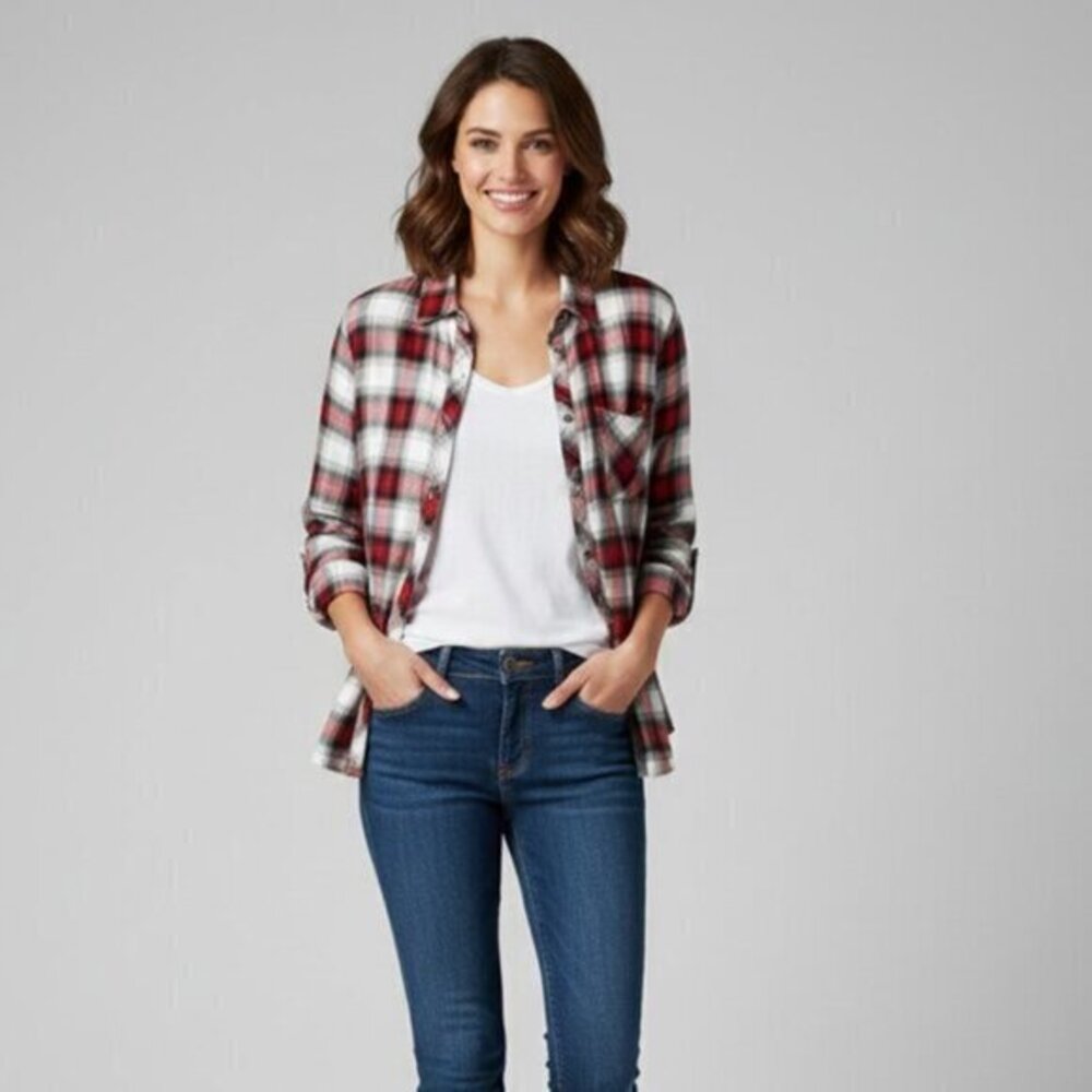 Anthropologie Ash and Ember Button Down front Shirt Plaid Flannel Size XS